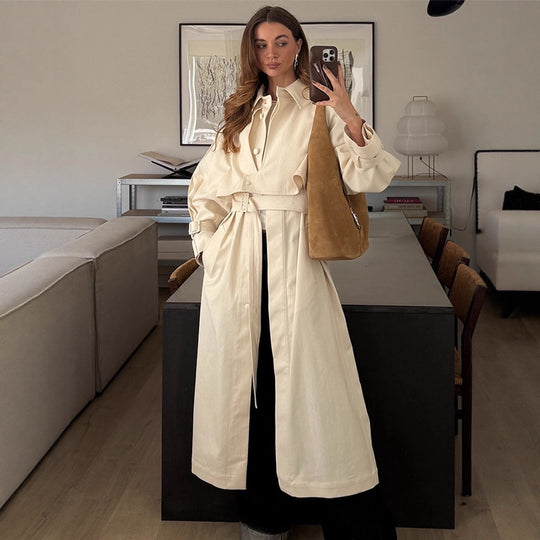 Damen Langer Trenchcoat mit breitem Kragen und taillierbarem Gürtel R&B