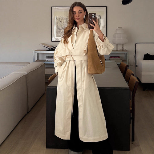 Damen Langer Trenchcoat mit breitem Kragen und taillierbarem Gürtel R&B