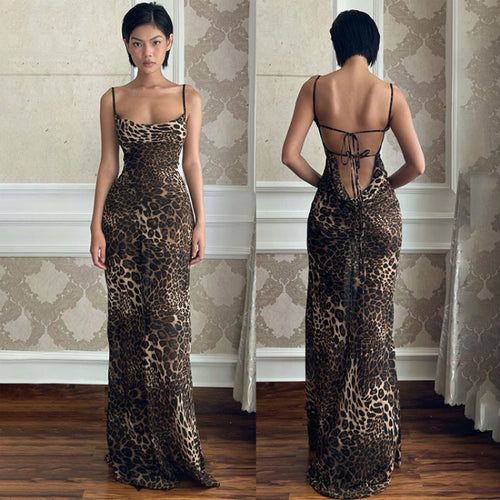Damen Maxikleid mit elegantem Leopardenprint und offenem Rückenteil R&B