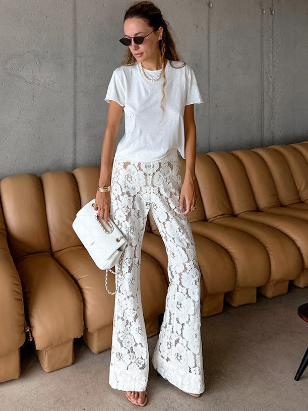 Damen Elegante Spitzenhose mit weitem Bein und floralen Details R&B