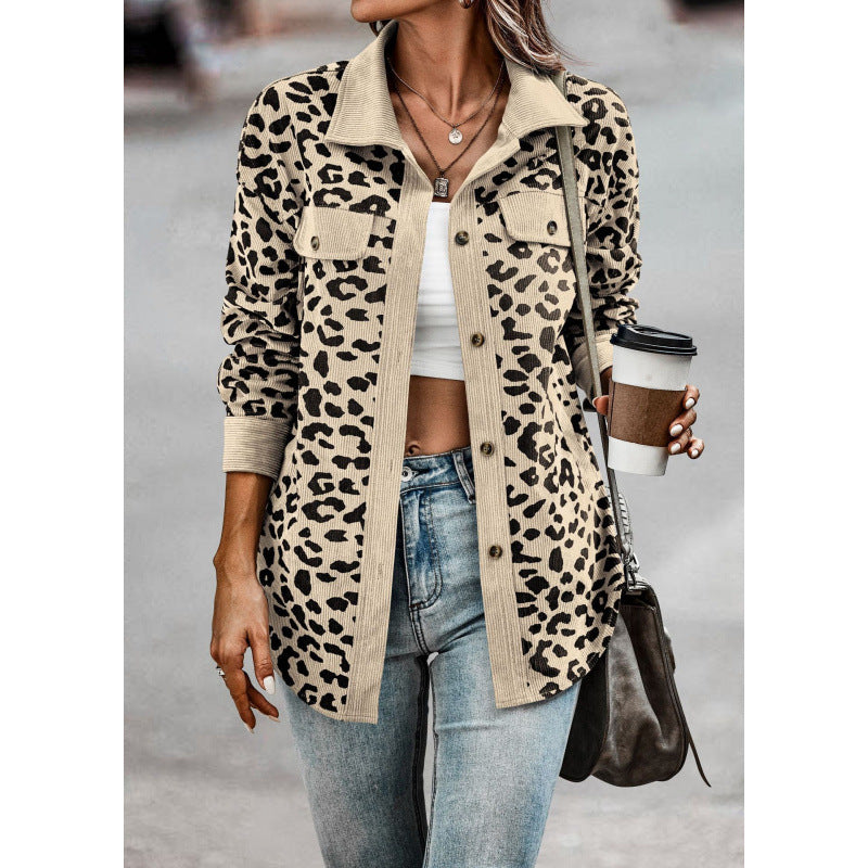 Damen tierisches Print-Langarm-Hemdjacke mit aufgesetzten Taschen R&B