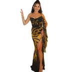 Damen Elegantes ärmelloses Maxikleid mit asymmetrischem Schnitt und tierischem Muster R&B