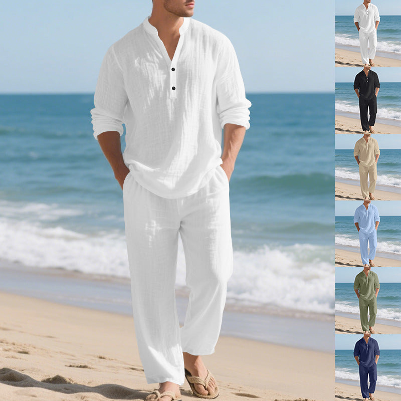 Herren komfortables Homewear-Set mit eleganter Knopfleiste und langen Hosen R&B