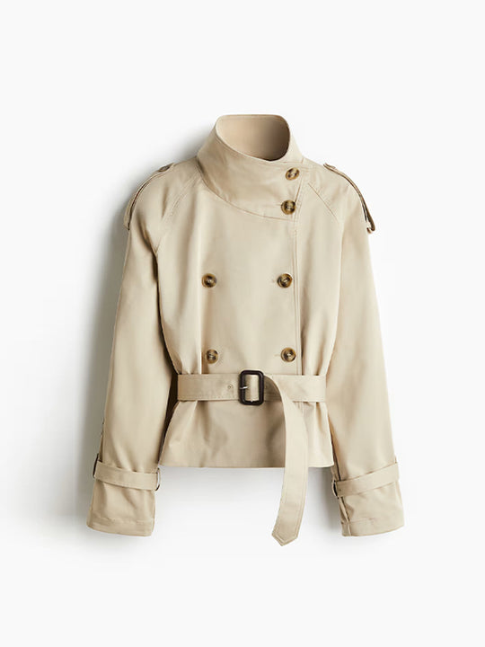 Damen trendige Kurzjacke im modernen Trenchcoat-Stil mit breitem Kragen und Taillengürtel R&B