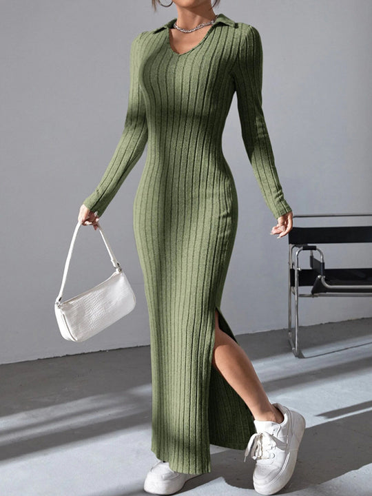 Damen Maxikleid mit strukturiertem V-Ausschnitt und Seitenschlitzen R&B