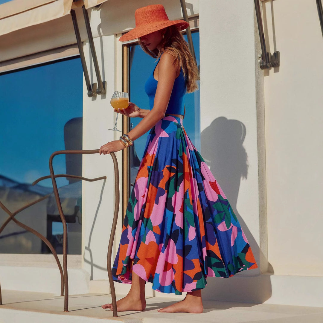 Damen Maxi-Rock mit buntem Blumendesign und fließendem Fall R&B