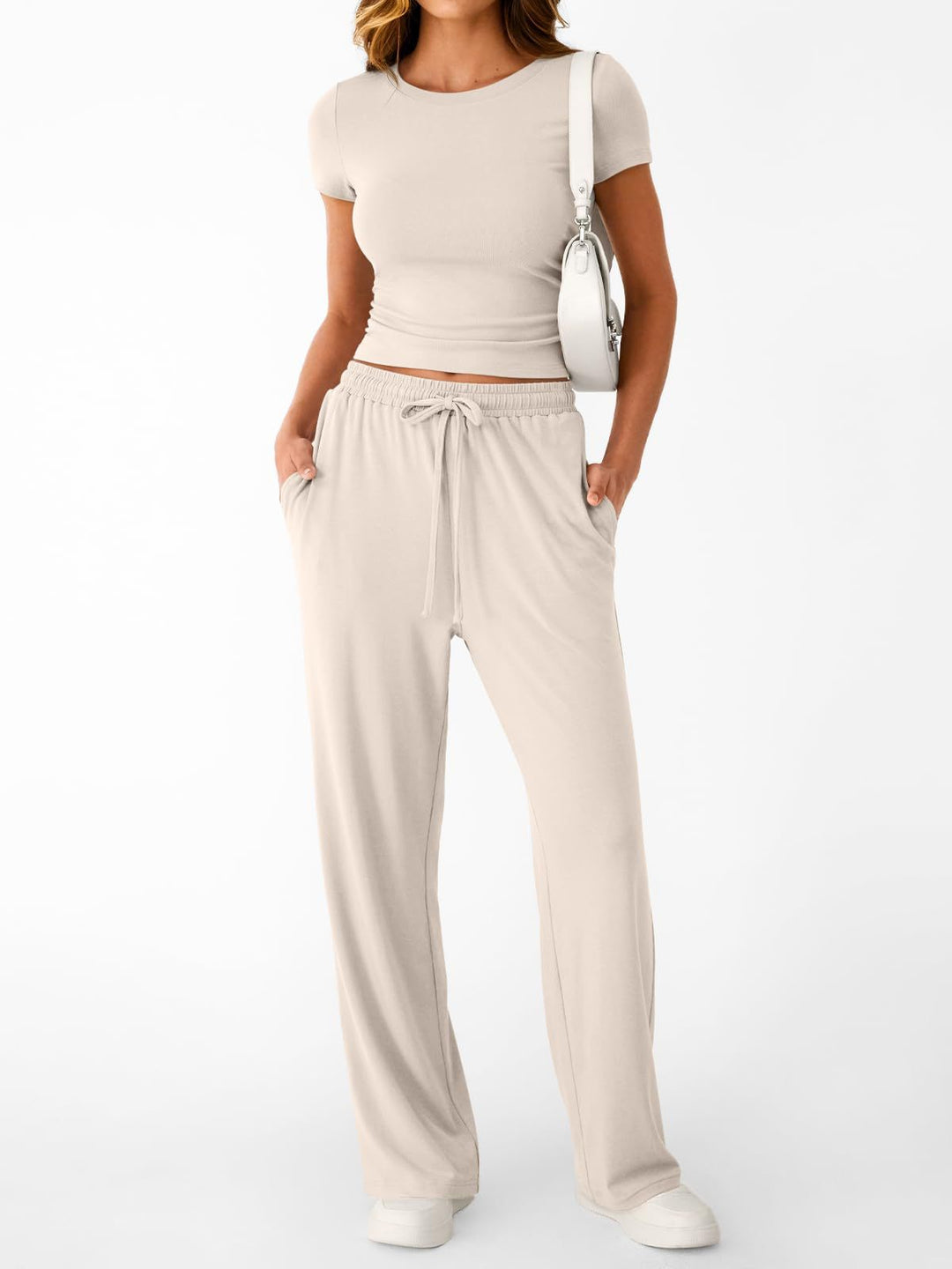 Damen lässiger Freizeitanzug mit kurzen Ärmel und weiten Hosen R&B