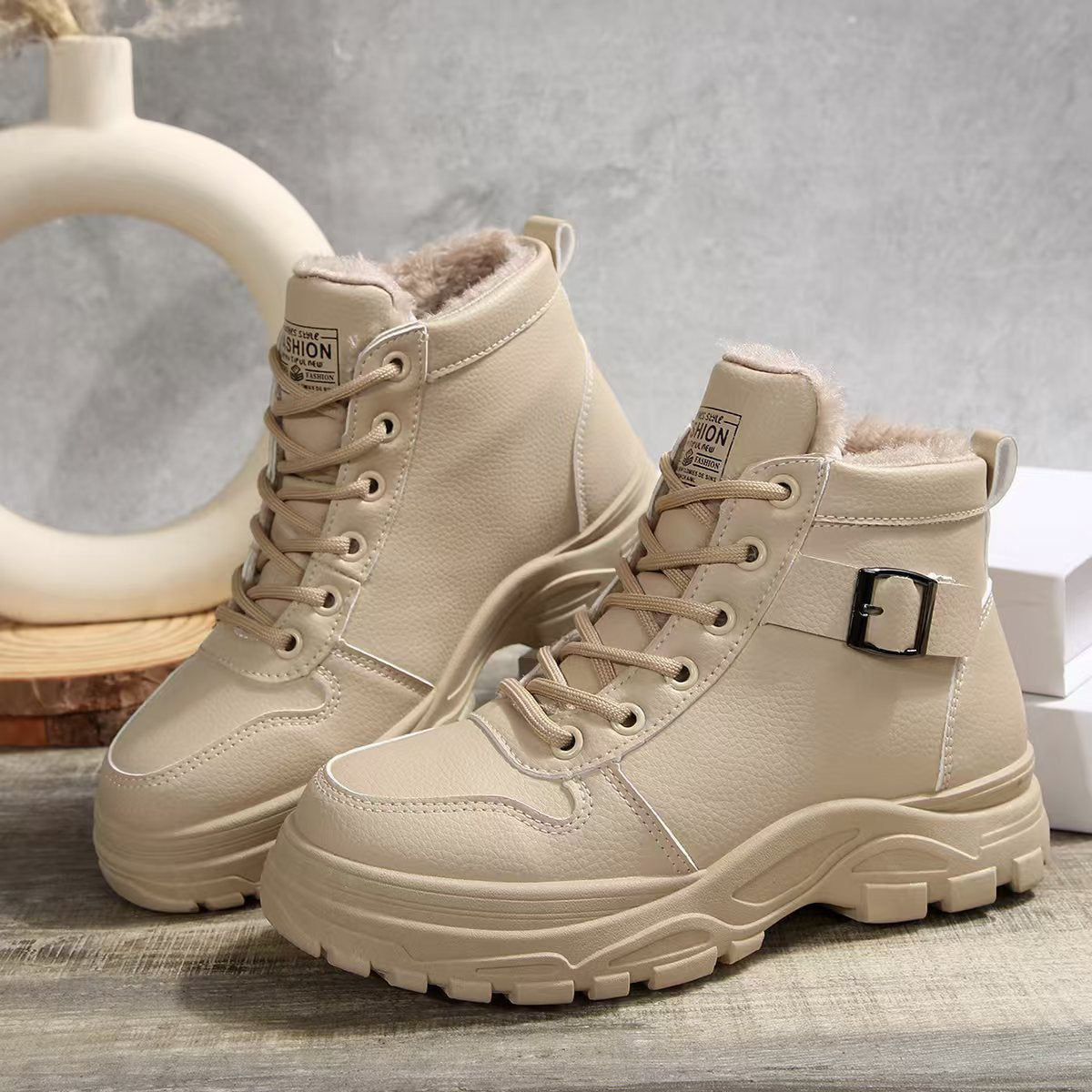 Damen modische Schnürstiefel mit warmem Fleece-Futter und rutschfester Sohle R&B