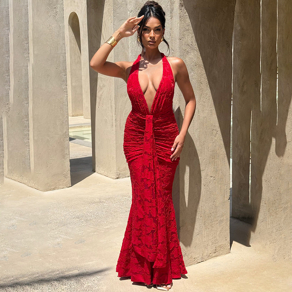 Damen Elegantes Maxikleid mit tiefem V-Ausschnitt und strukturierter Raffung R&B