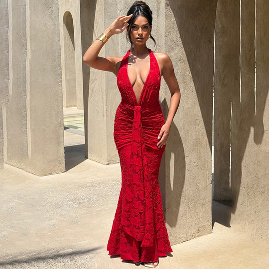 Damen Elegantes Maxikleid mit tiefem V-Ausschnitt und strukturierter Raffung R&B