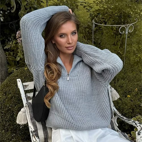Damen Grober Strickpullover mit hohem Kragen und Reißverschluss R&B