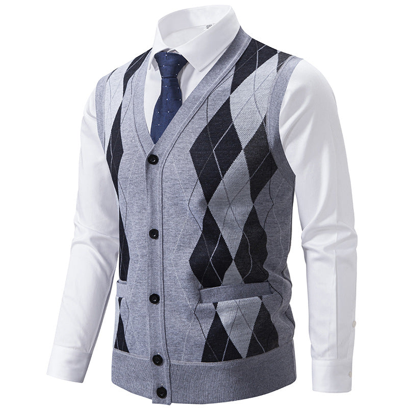 Herren elegante Strickweste mit klassischem Rautenmuster und praktischen Taschen R&B