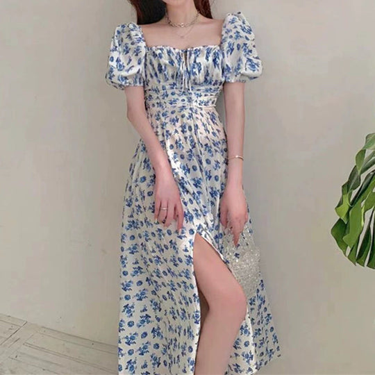 Damen Maxikleid mit eleganten Puffärmeln und floralem Design R&B