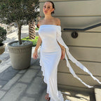Damen Elegantes Off-Shoulder Maxikleid mit fließendem Stoff und bezaubernden Rüschen