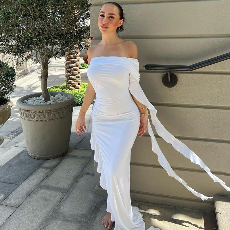 Damen Elegantes Off-Shoulder Maxikleid mit fließendem Stoff und bezaubernden Rüschen
