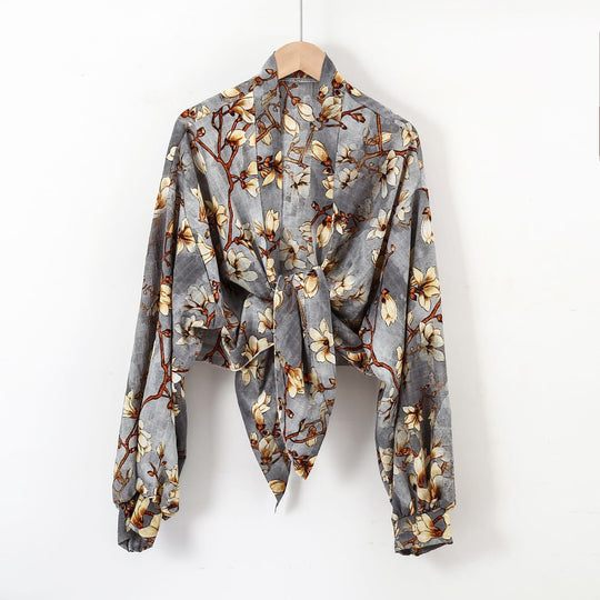 Damen nan florale Knoten-Bluse im Wickelstil mit Ballonärmeln und leichter Leinenoptik R&B