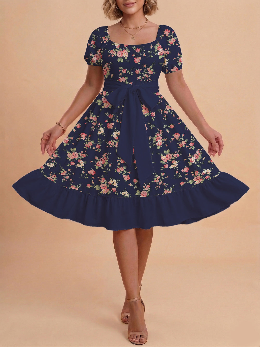Damen Blumenkleid mit taillierbarem Gürtel und voluminösen Ärmeln R&B