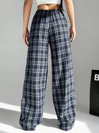 Damen Weit geschnittene Karohose mit elastischem Bund und praktischen Taschen R&B