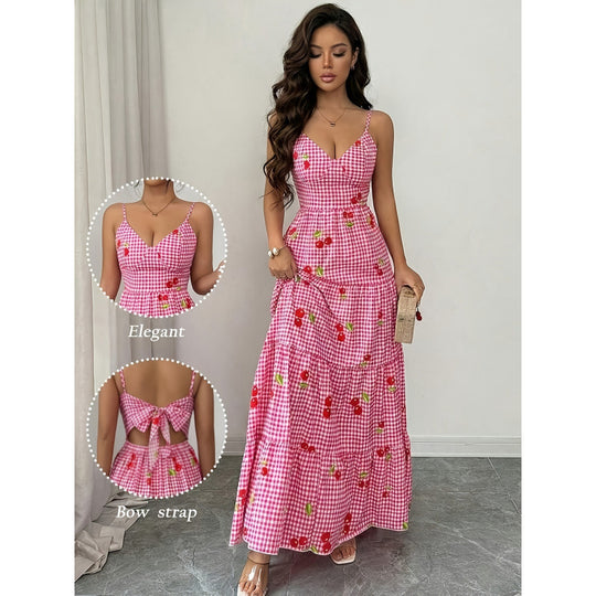 Damen Maxikleid mit floralem Karomuster und Schleifen-Trägern R&B