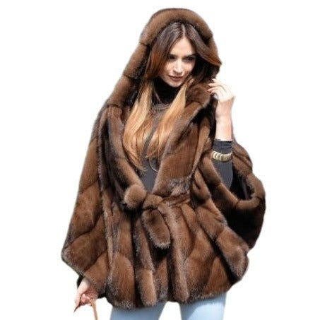 Damen Elegantes Kunstpelz-Cape mit voluminösem Kapuzenkragen und Gürtel R&B