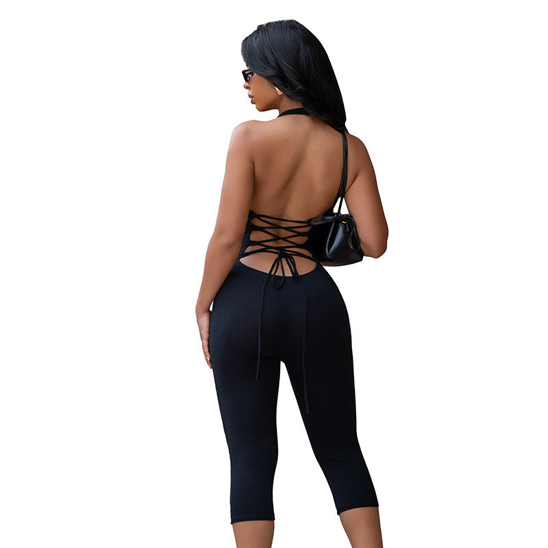 Damen figurbetonter Jersey-Jumpsuit mit tiefem V-Ausschnitt und 3/4-Ärmeln R&B