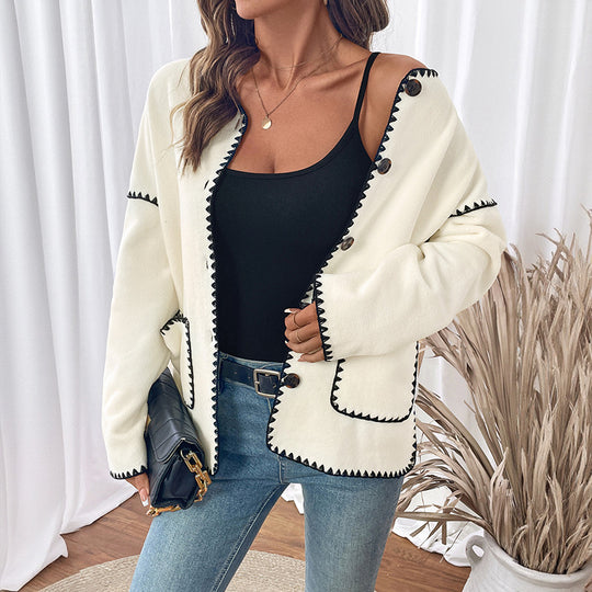 Damen modische Strickjacke mit einzigartigen Kontrastnähten R&B