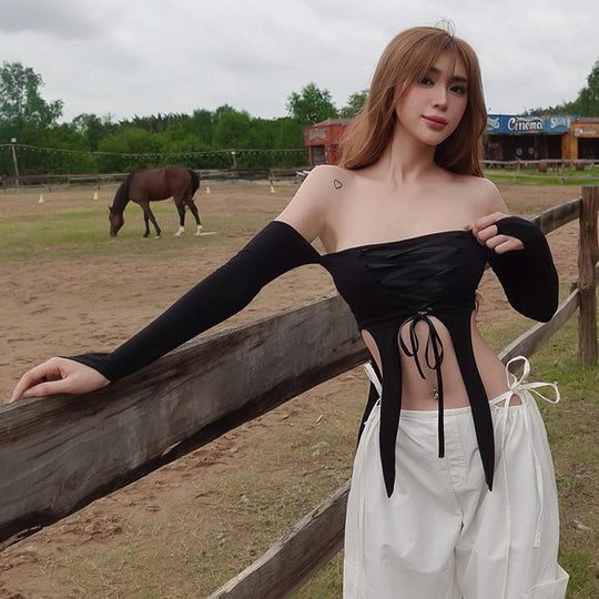 Damen elastisches Off-Shoulder Top mit aufwendiger Schnürung R&B