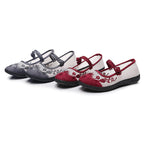 Damen Ballerinas mit handbesticktem Blumendesign und elastischem Riemen