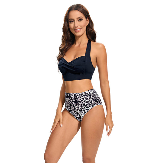 Damen Hochtailliertes Bikini-Set mit gepolstertem Top und Leopardendesign R&B