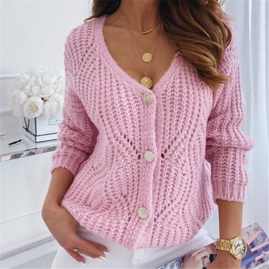 Damen Strickjacke mit V-Ausschnitt und großen Knöpfen R&B