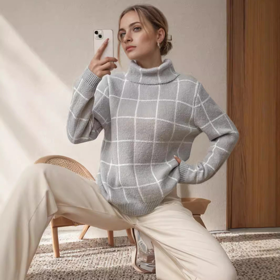Damen Grobstrickpullover mit modernem Karomuster und hohem Kragen R&B