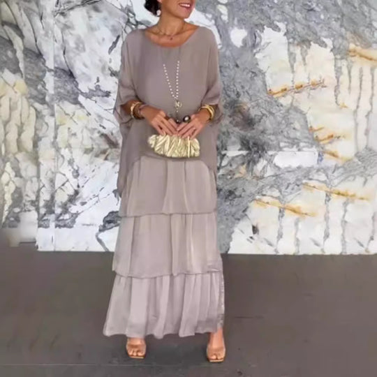 Damen Maxikleid mit fließendem Rock und eleganten Rüschendetails Heidi-Mode