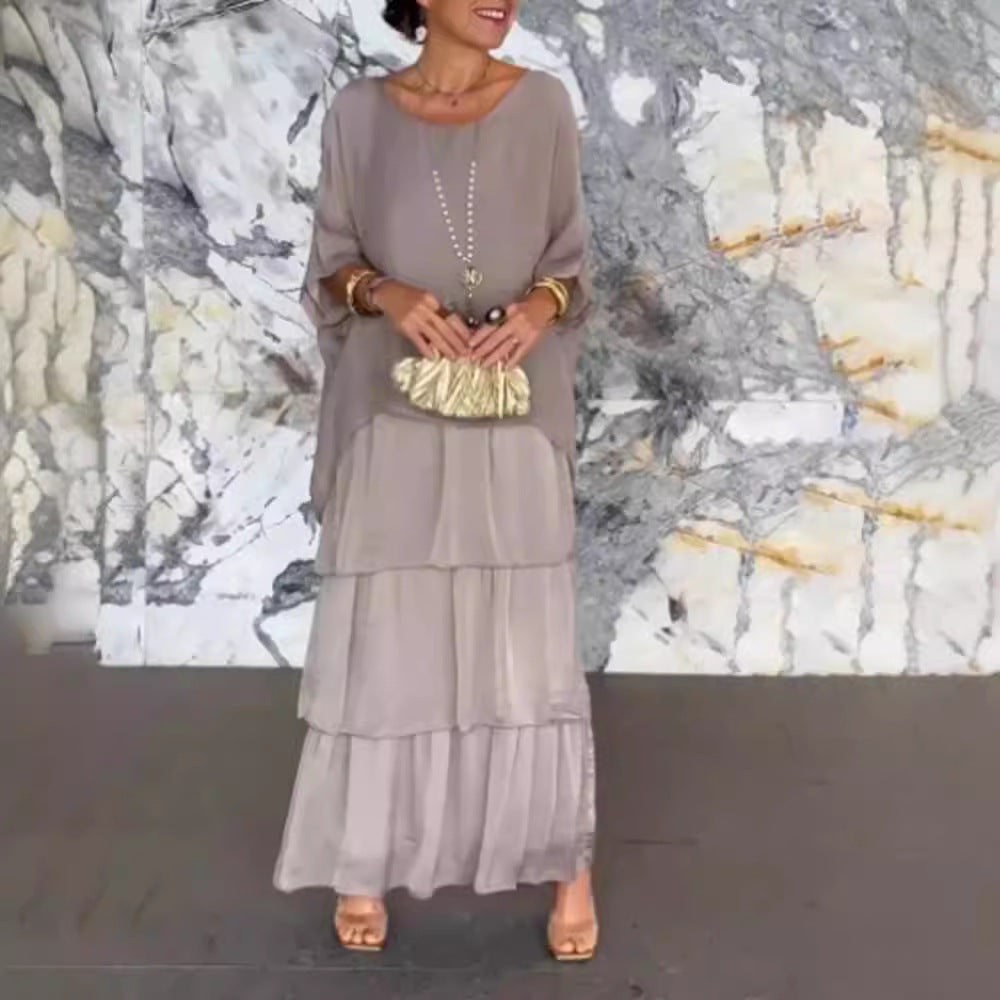 Damen nan bodenlanges Stufenkleid mit weiten Fledermausärmeln und lockerer Silhouette R&B