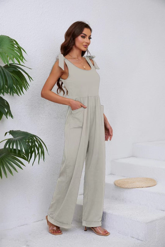 Damen Eleganter Jumpsuit mit verstellbaren Trägern und weitem Bein R&B