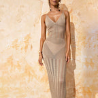 Damen gehäkeltes Strandkleid mit tiefem V-Ausschnitt und raffiniertem Netzdesign R&B