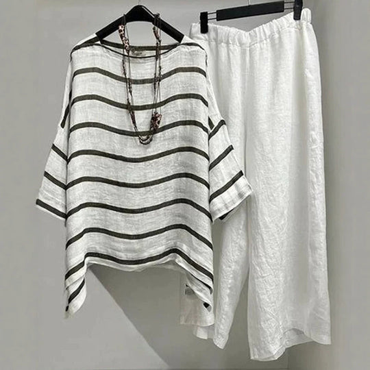 Damen nan lässiges Leinen-Set mit asymmetrischer Streifenbluse und weiter Elastikbund-Hose R&B