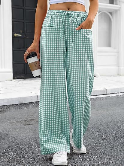 Damen Weit geschnittene Karohose mit elastischem Bund und praktischen Taschen R&B