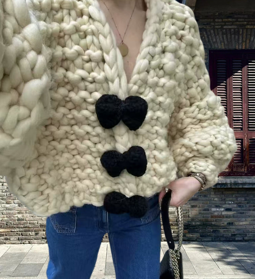 Damen Kuschelige Strickjacke mit Großen Knöpfen R&B
