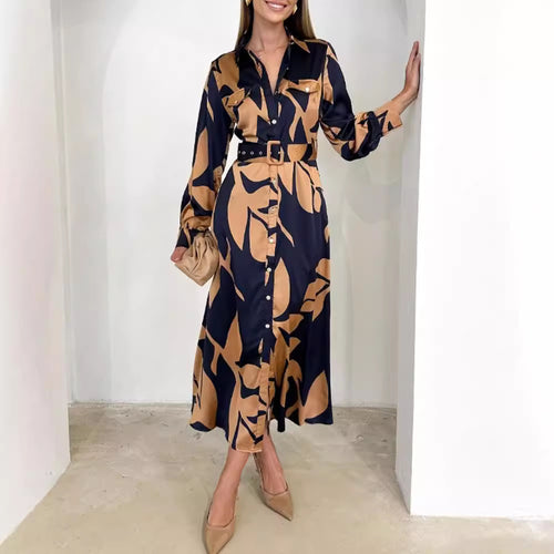 Damen nan fließendes Hemdblusenkleid mit Taillengürtel, Brustklappen und abstraktem Print R&B