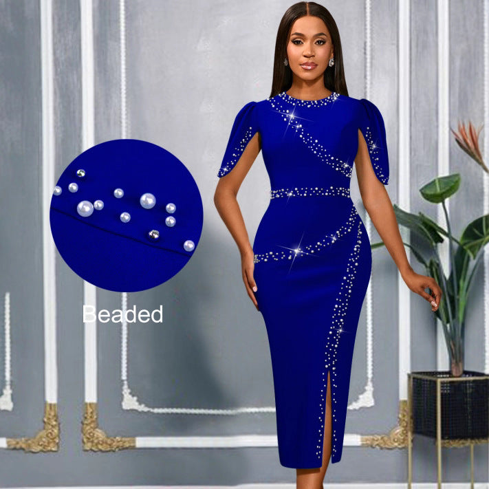Damen Chic Glamour Kleid mit asymmetrischem Schlitz und funkelnden Strassdetails R&B