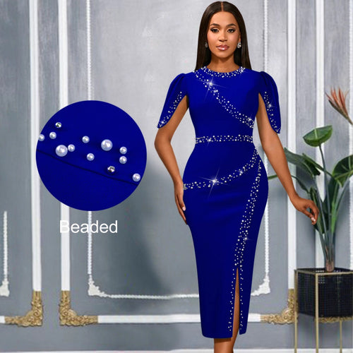 Damen Chic Glamour Kleid mit asymmetrischem Schlitz und funkelnden Strassdetails R&B