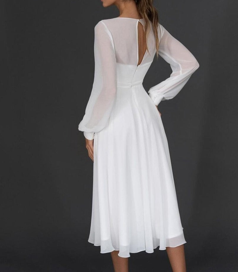 R&B Damen Midikleid mit Wickeloptik und transparenten Ärmeln