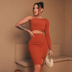 Damen asymmetrisches Crop-Top und figurbetonter Minirock-Set EB