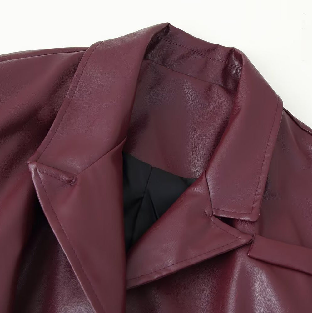 Damen elegante Kunstlederjacke mit tailliertem Schnitt und Bindegürtel R&B