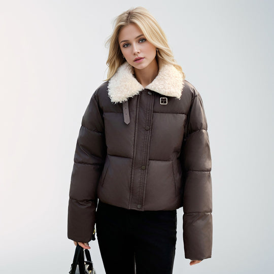 Damen kurze, gefütterte Winterjacke mit elegantem Kunstfellkragen R&B