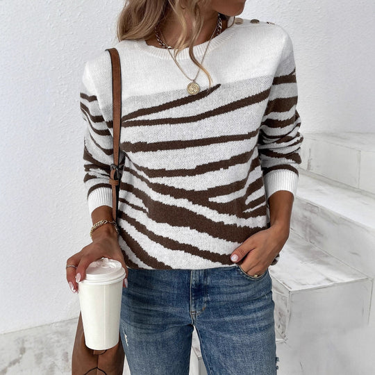 Damen gemütlicher Strickpullover mit modernem Zebrastreifen-Muster und komfortablem Schnitt R&B