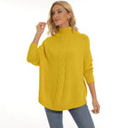 Damen gemütlicher Strickpullover mit hochgeschlossenem Kragen und modischem Zopfmuster R&B