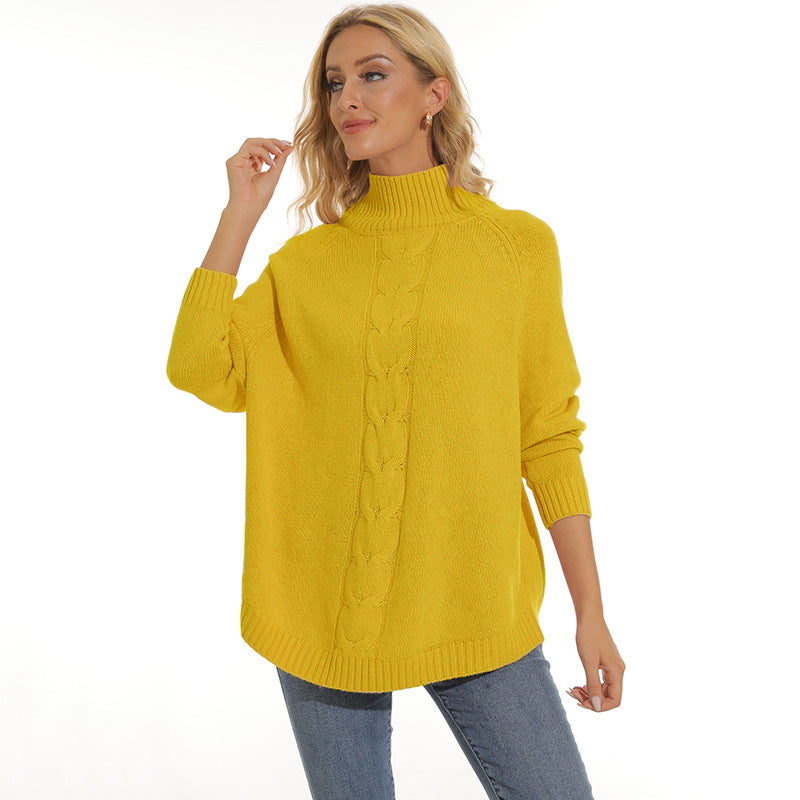 Damen gemütlicher Strickpullover mit hochgeschlossenem Kragen und modischem Zopfmuster R&B
