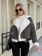 Damen modische jacke mit Kunstfellkragen und Gürtel R&B