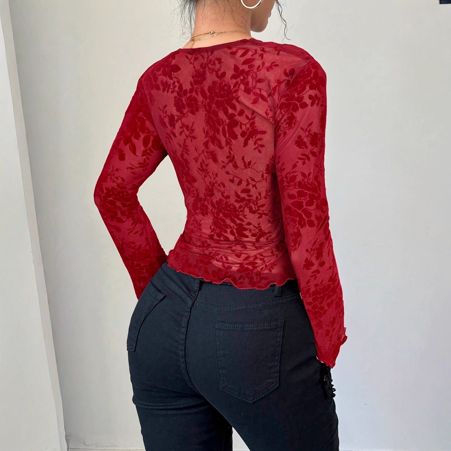 Damen nan eng anliegende transparente Mesh-Spitzenbluse mit tiefem V-Ausschnitt und floraler Veloursstruktur R&B